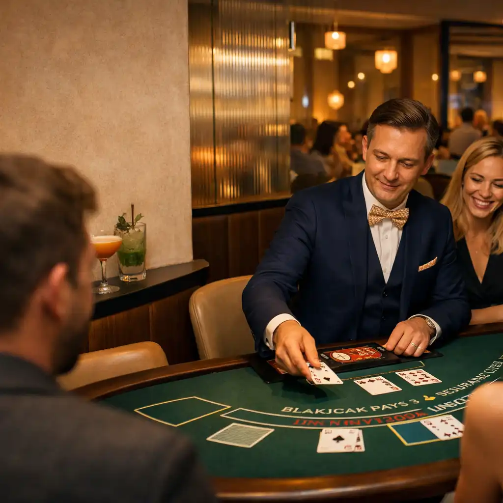 Gospodarz rozdający karty przy fizycznym stole blackjacka obok koktajli i gości