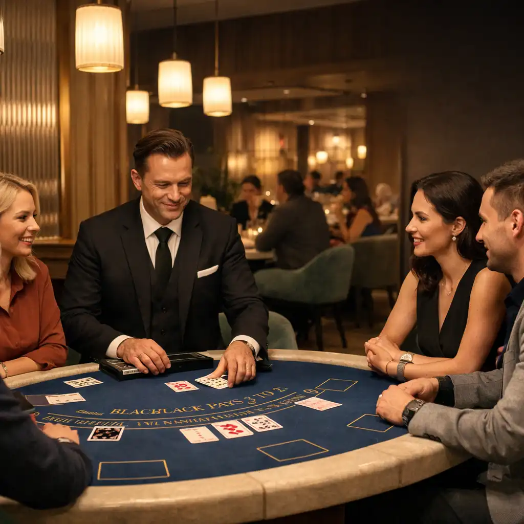 Gospodarz i goście przy fizycznym stole do blackjacka w wieczornym wnętrzu Nizvarel
