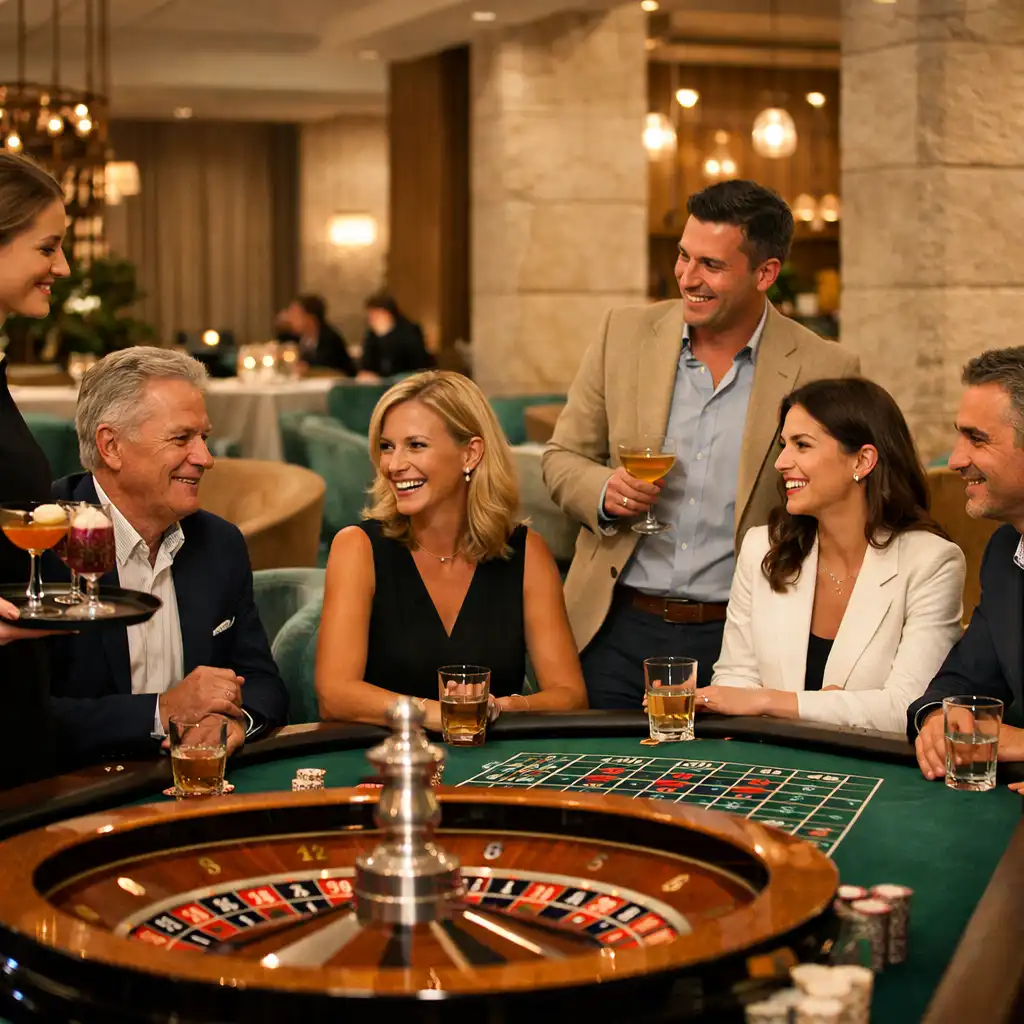 Goście rozmawiają przy koktajlach obok fizycznego stołu ruletki w połączonej restauracji i Casino Lounge Nizvarel w Warszawie