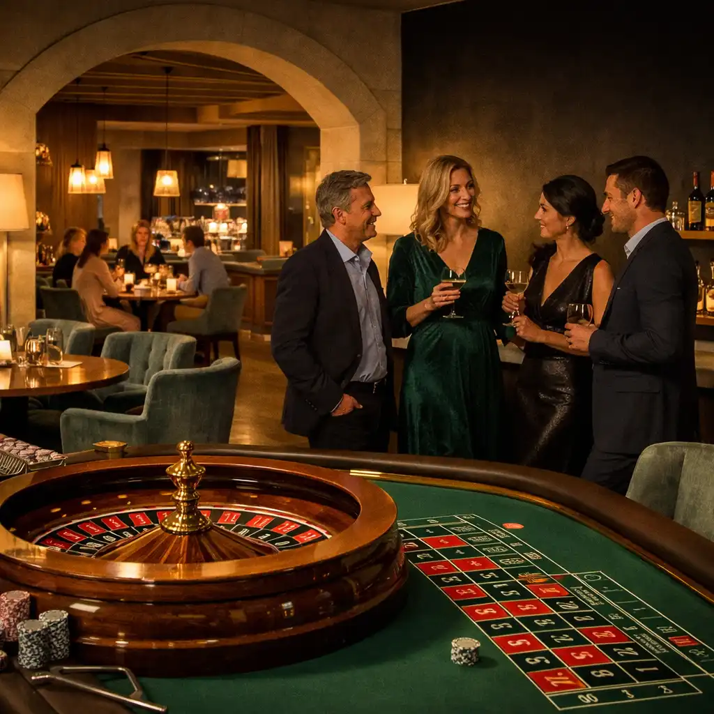Goście przy fizycznym stole ruletki w Casino Lounge połączonym z restauracją Nizvarel