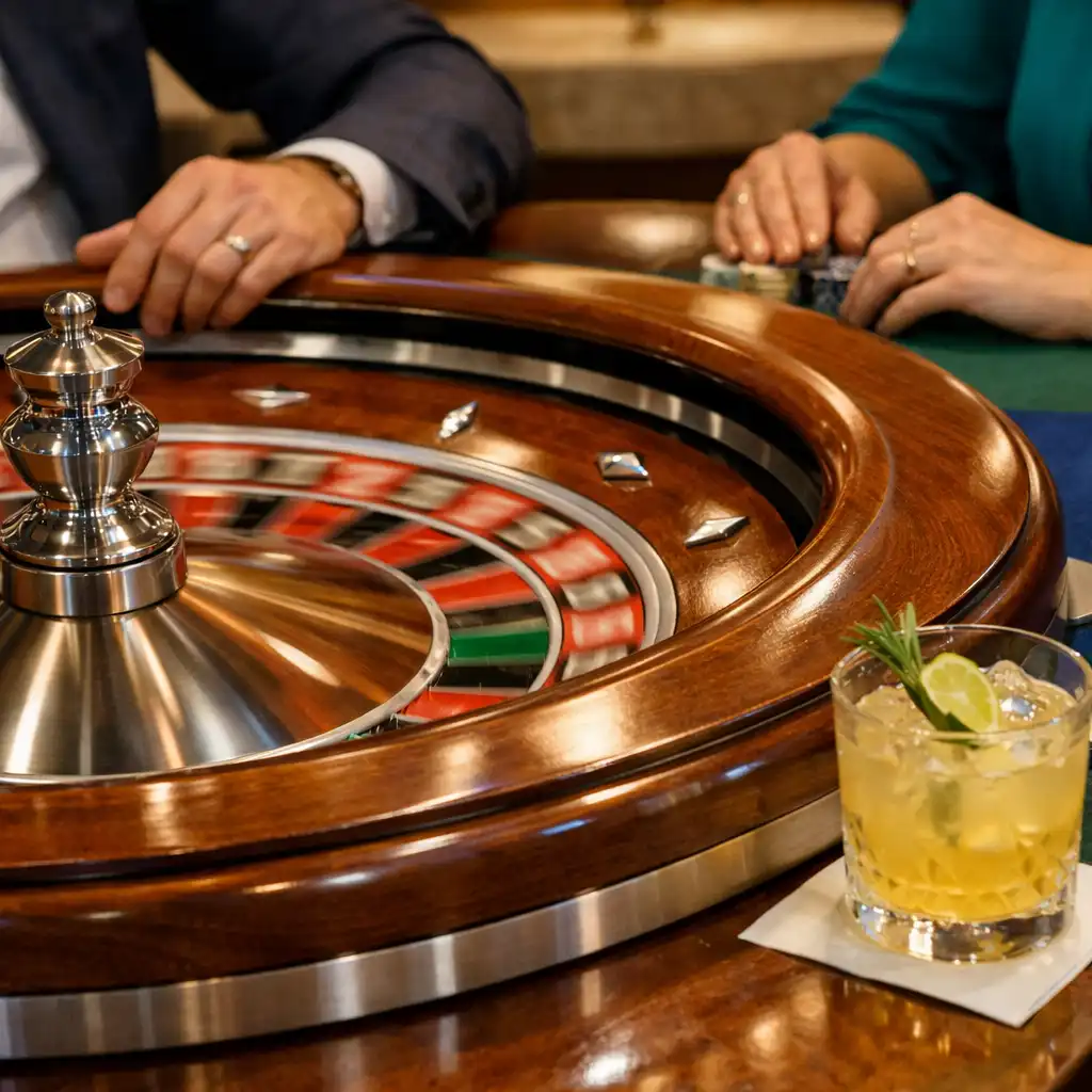 Detal fizycznego stołu ruletki w Casino Lounge Nizvarel, dłonie gości i koktajl przy drewnianym obrzeżu