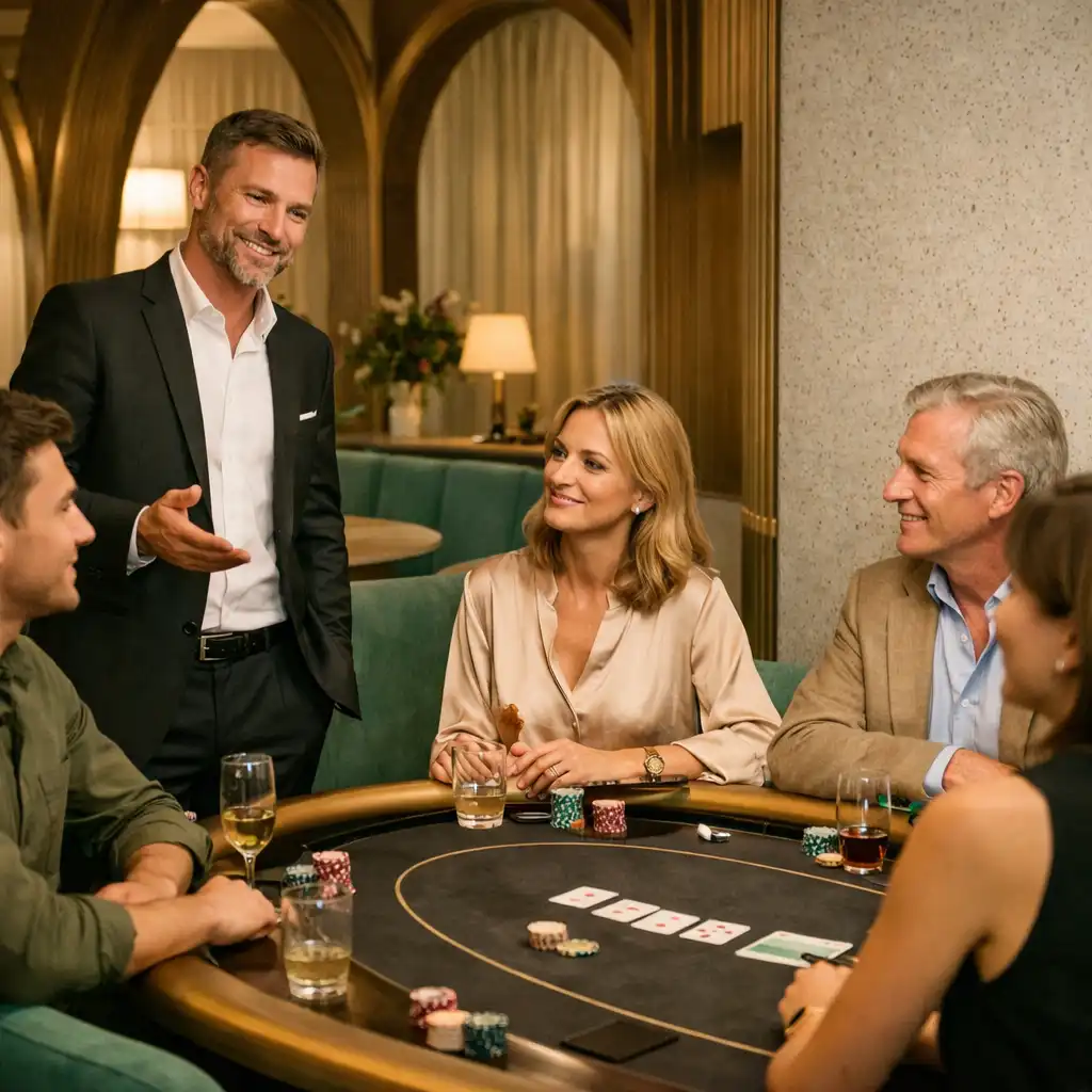 Gospodarz Poker Lounge rozmawia z gośćmi przy półokrągłym fizycznym stole