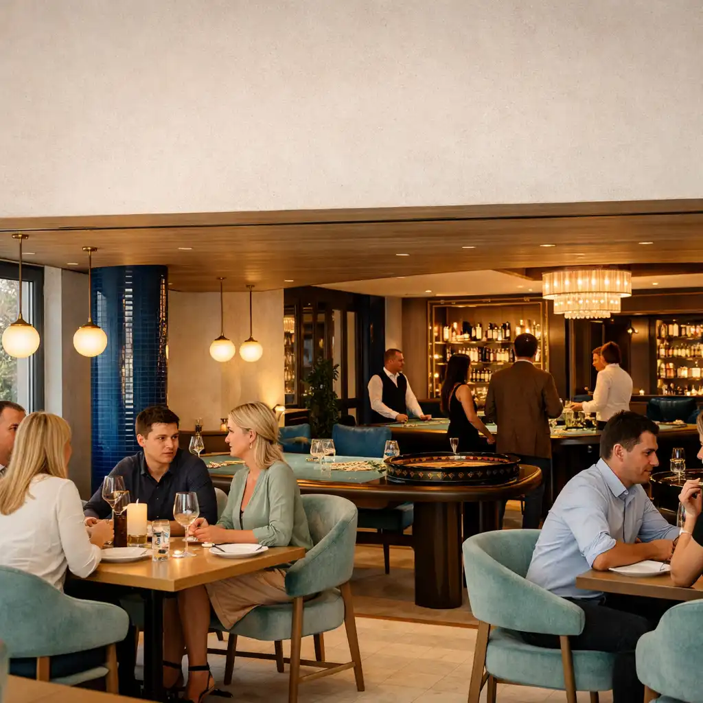 Połączona przestrzeń restauracji Nizvarel i offline Casino Lounge z gośćmi przy wspólnych stołach.