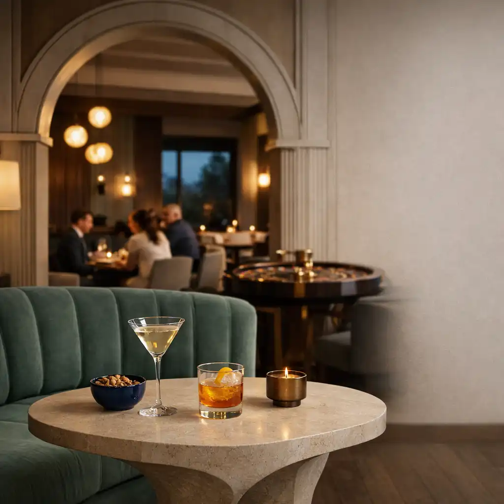 Seafoam sofa, koktajle i łuk łączący strefę lounge z restauracją Nizvarel