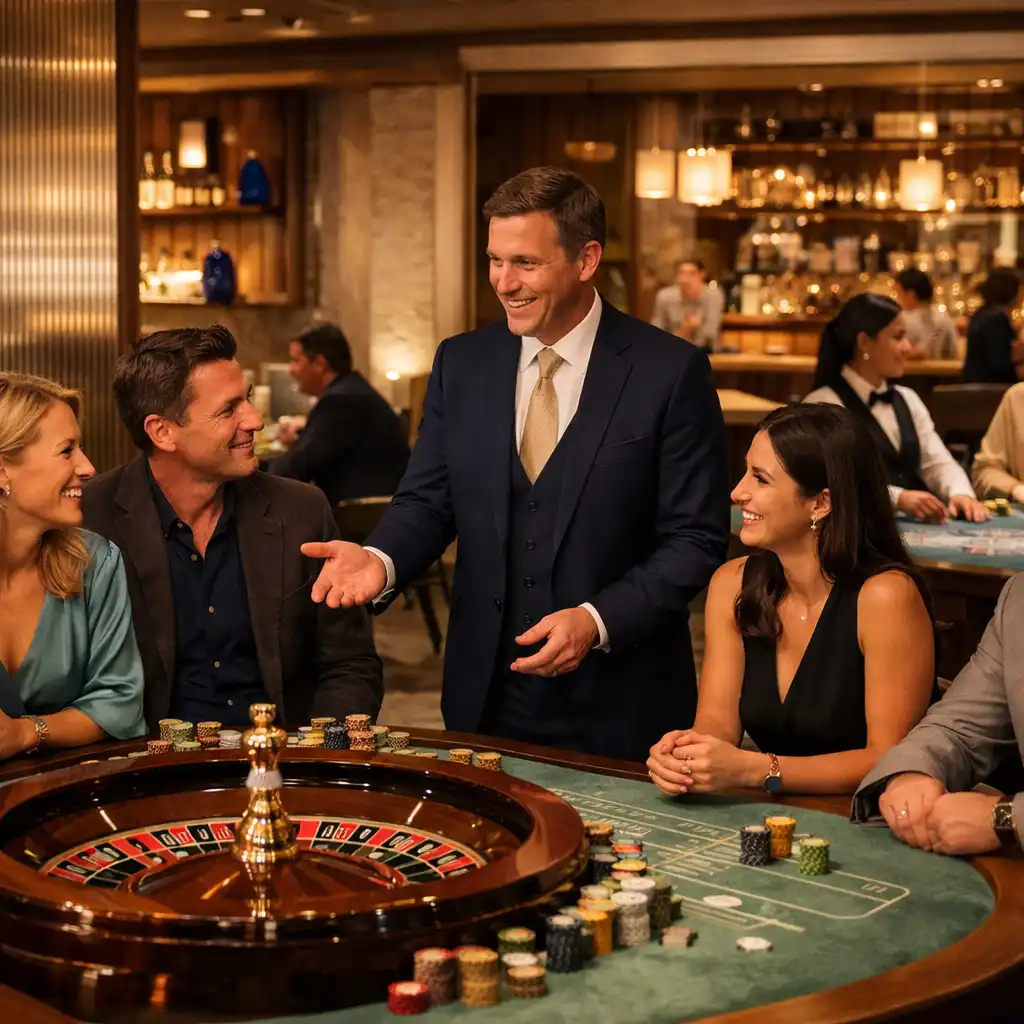 Gospodarz i goście rozmawiają przy fizycznych stołach ruletki i blackjacka w Casino Lounge Nizvarel