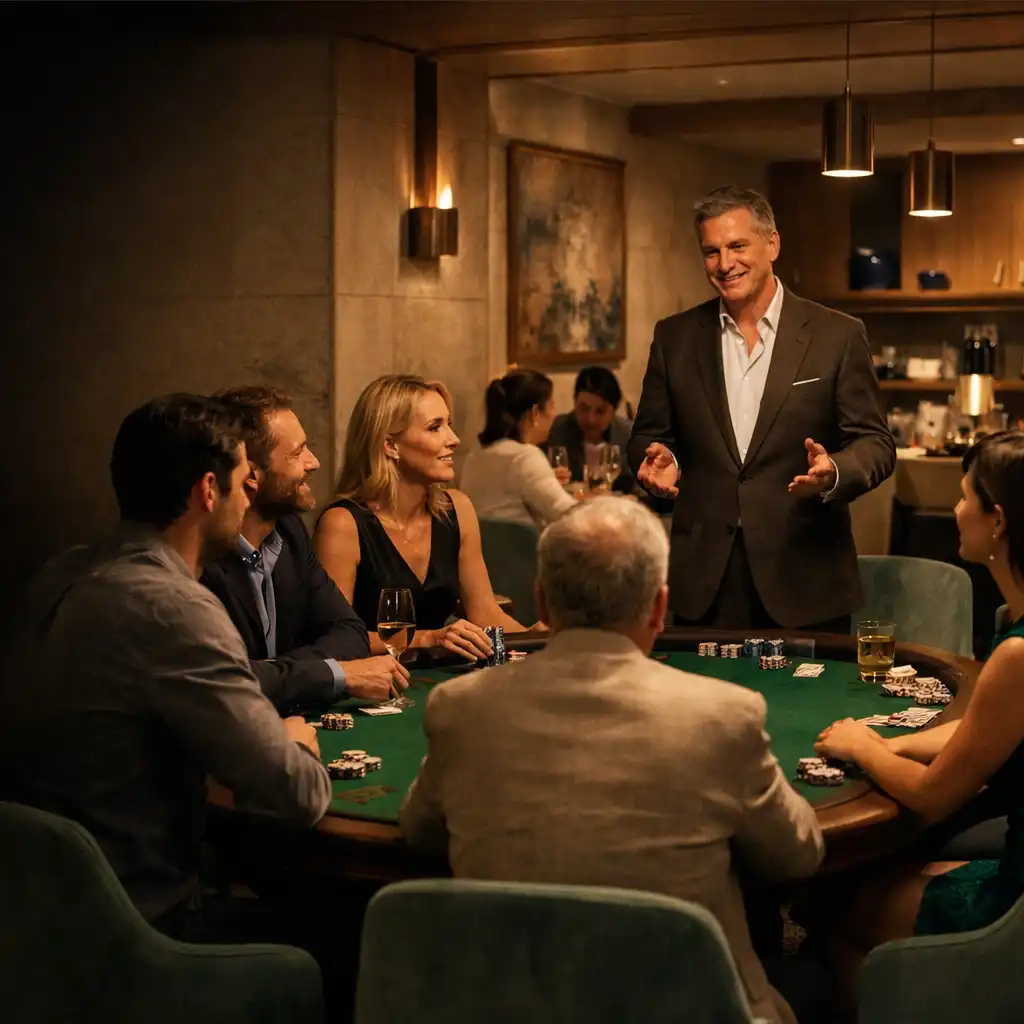 Goście rozmawiają przy prawdziwym stole pokerowym w wieczornym Poker Lounge Nizvarel