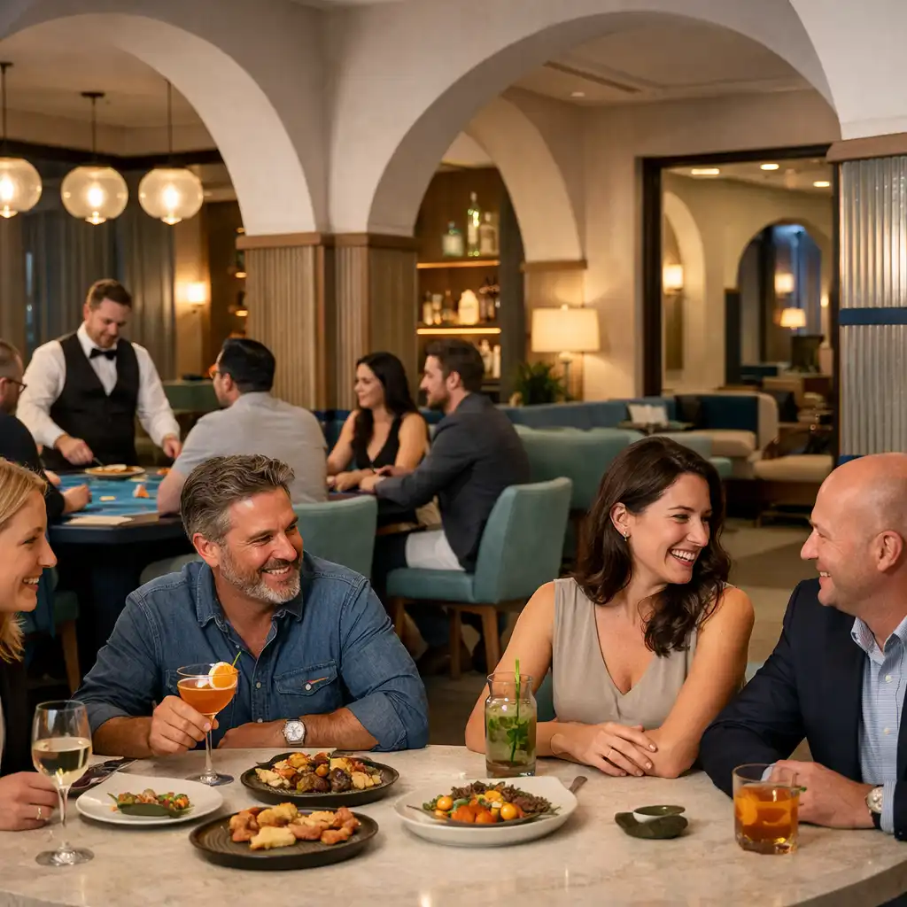 Goście przy stole restauracyjnym, a w tle fizyczny stół do blackjacka w Casino Lounge