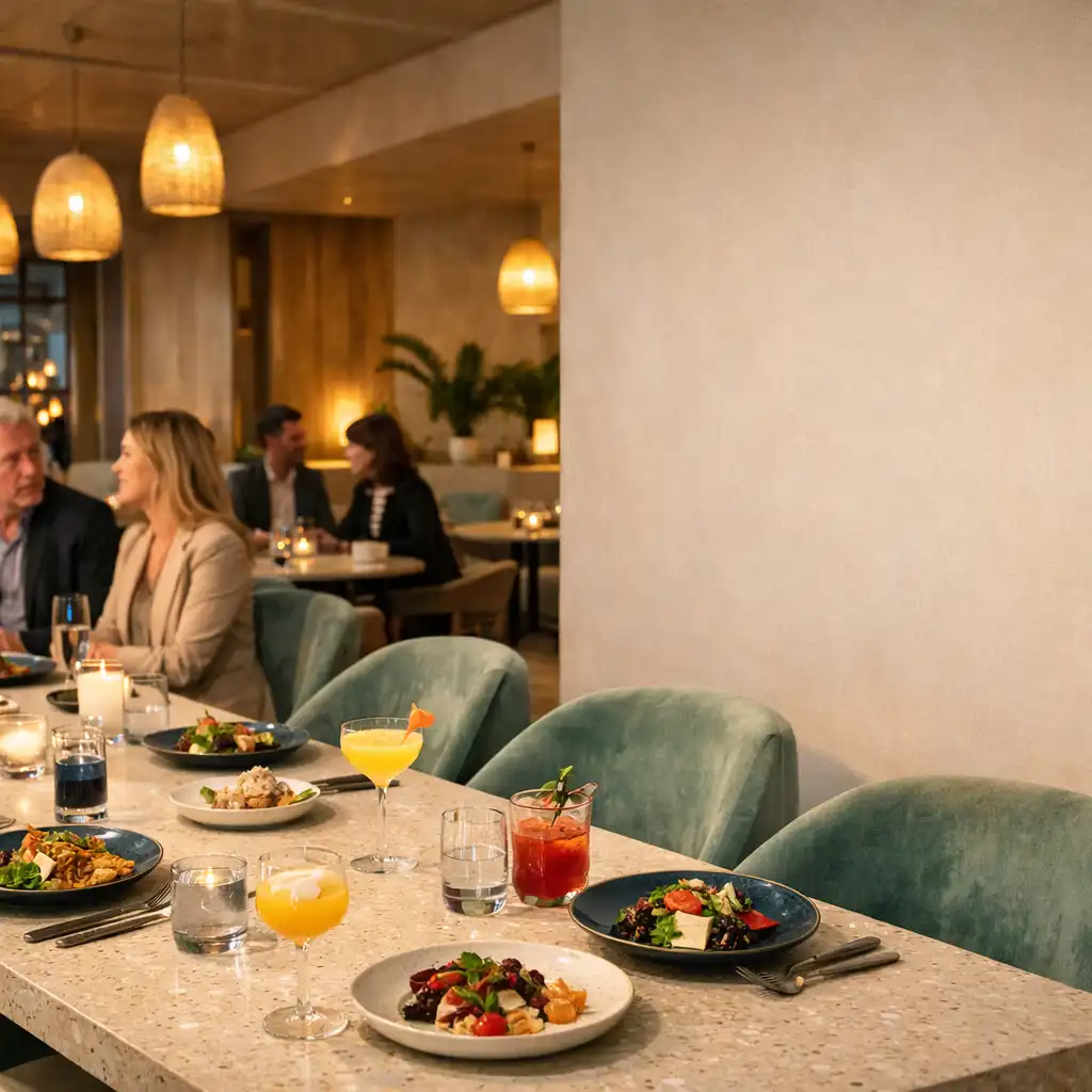 Goście rozmawiają przy długim stole w jasnym wnętrzu restauracji Nizvarel