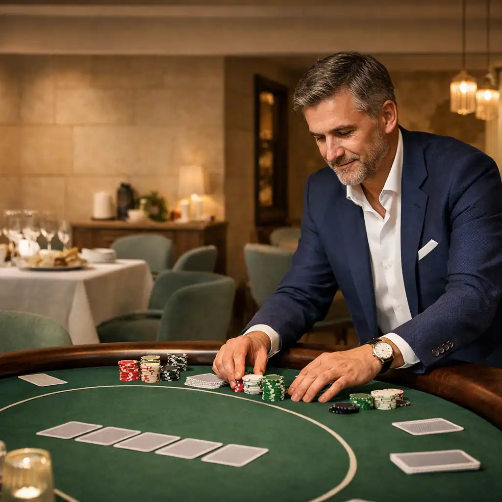 Gospodarz przygotowuje fizyczny stół pokerowy, a w tle widoczna jest restauracyjna sala Nizvarel