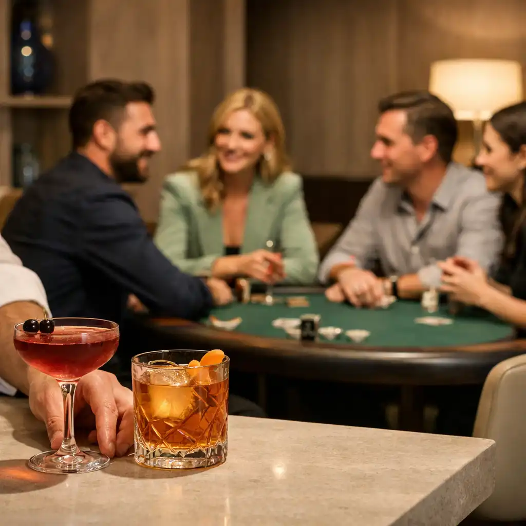 Koktajle na jasnym barze i goście rozmawiający przy fizycznym stole pokerowym
