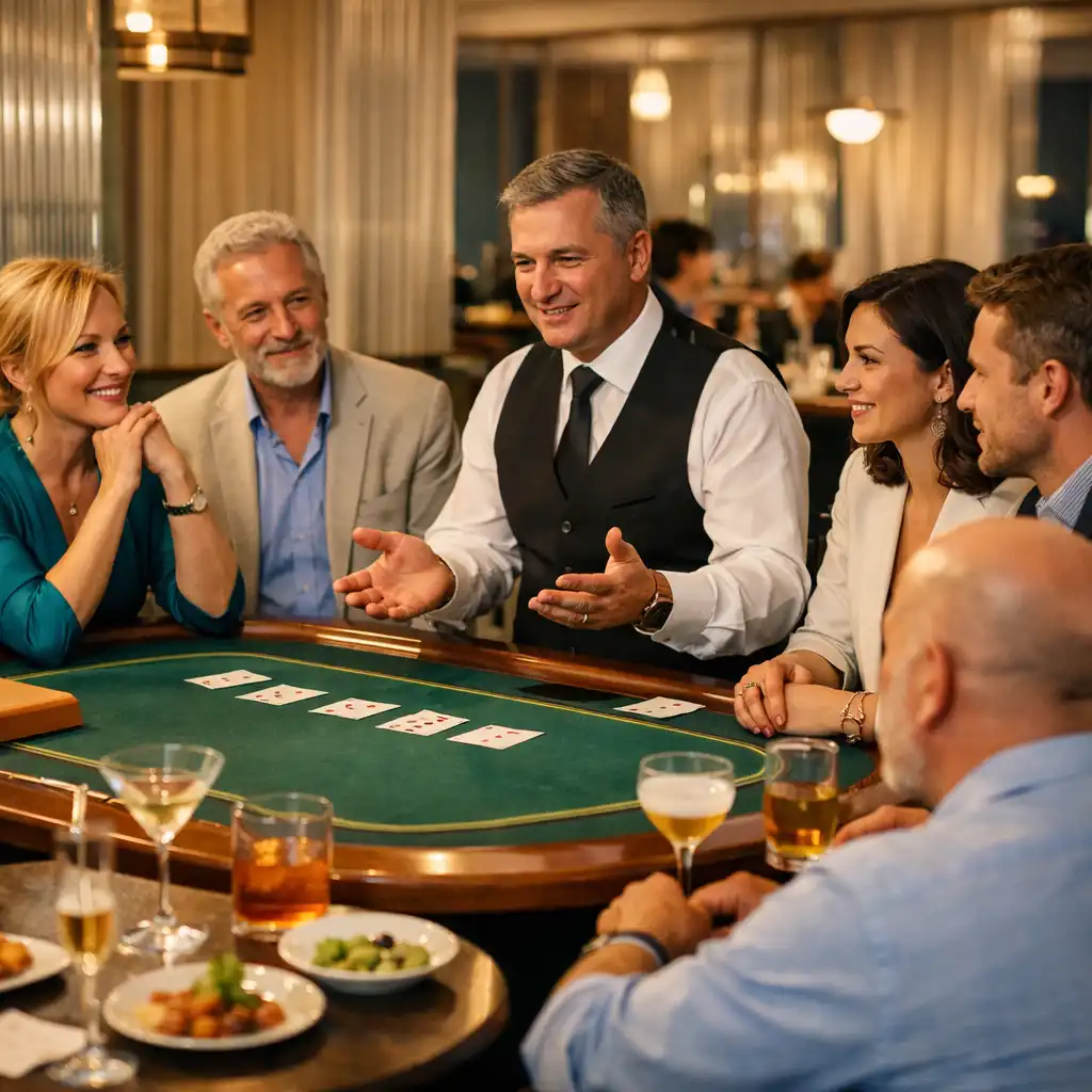 Goście rozmawiają przy kolacji i fizycznym stole Casino Lounge w restauracji Nizvarel w Warszawie